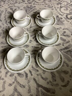6 Corelle Spring Green Crazy Daisy Cups & Saucers Vintage 1970’s